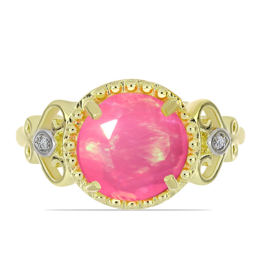 Anel de Prata com Banho de Ouro com Opala Rosa de Lega Dembi da Etiópia e Topázio Branco  Contraste: Cabeca de Veado (800)