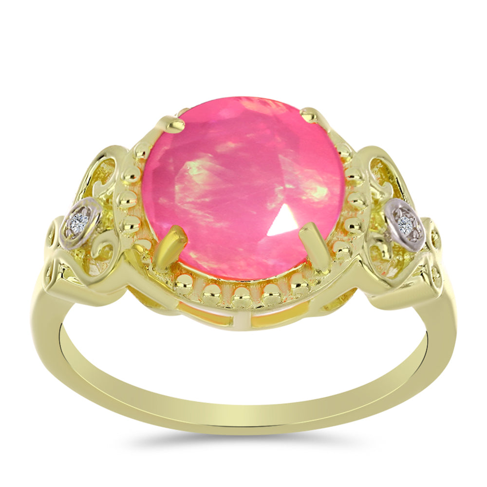 Anel de Prata com Banho de Ouro com Opala Rosa de Lega Dembi da Etiópia e Topázio Branco  Contraste: Cabeca de Veado (800) 3 