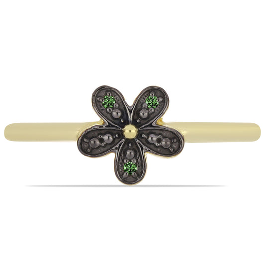 Anel de Prata com Banho de Ouro com Diamante Verde