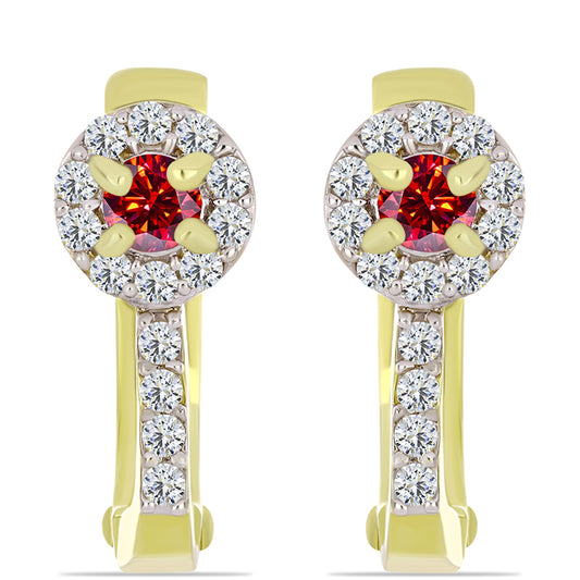 Brincos de Prata com Banho de Ouro com Moissanite Vermelho Majestoso e Topázio Branco