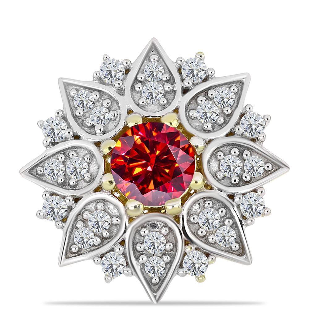 Alfinete de Prata com Banho de Ouro com Moissanite Vermelho Majestoso e Topázio Branco 1 