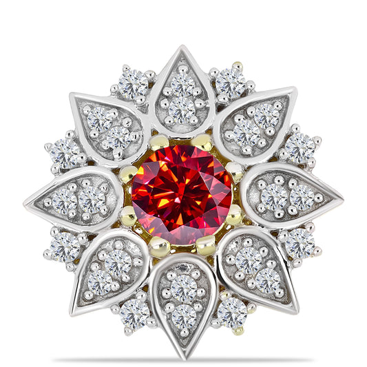 Alfinete de Prata com Banho de Ouro com Moissanite Vermelho Majestoso e Topázio Branco
