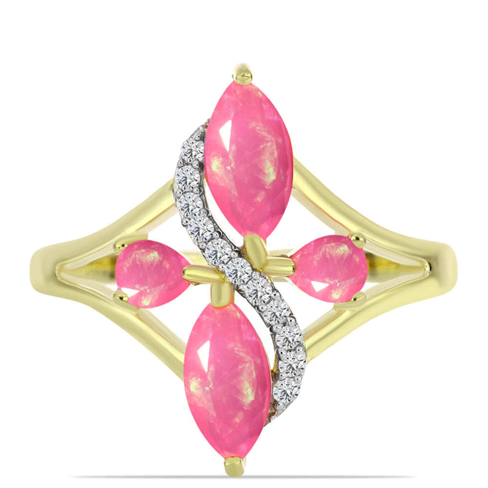 Anel de Prata com Banho de Ouro com Opala Rosa de Lega Dembi da Etiópia e Topázio Branco