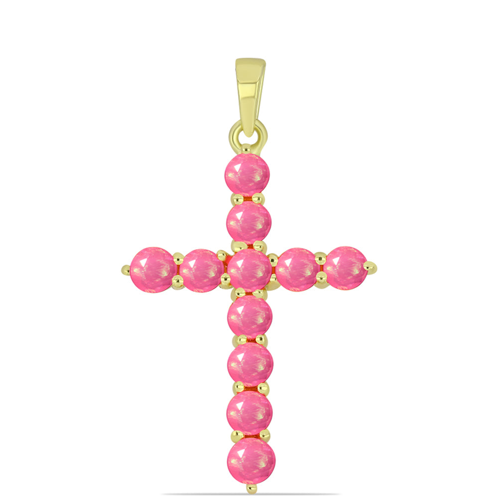 Cruz Pendente de Prata com Banho de Ouro com Opala Rosa de Lega Dembi da Etiópia 1 