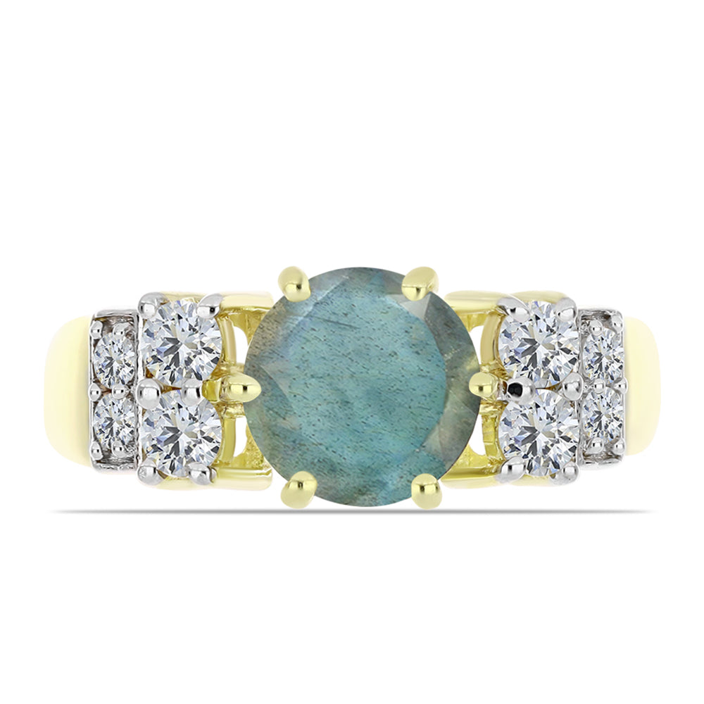 Anel de Prata com Banho de Ouro com Labradorite e Topázio Branco  Contraste: Cabeca de Veado (800) 1 