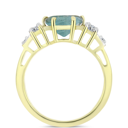Anel de Prata com Banho de Ouro com Labradorite e Topázio Branco  Contraste: Cabeca de Veado (800)