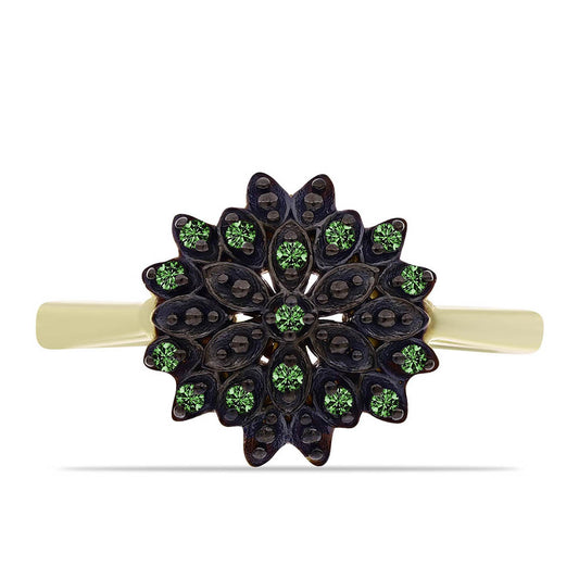Anel de Prata com Banho de Ouro com Diamante Verde  Contraste: Cabeca de Veado (800)