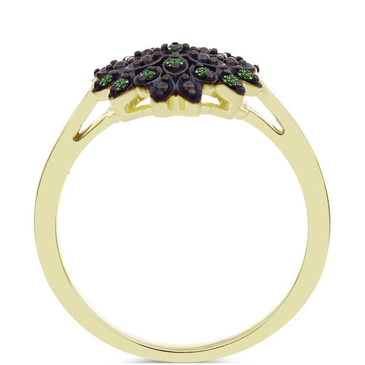 Anel de Prata com Banho de Ouro com Diamante Verde  Contraste: Cabeca de Veado (800)