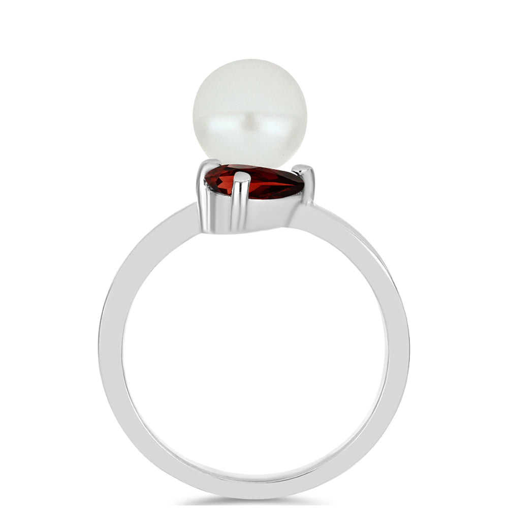 Anel de Prata com Granada de Barton e Pérola de Água Doce Branca 2 