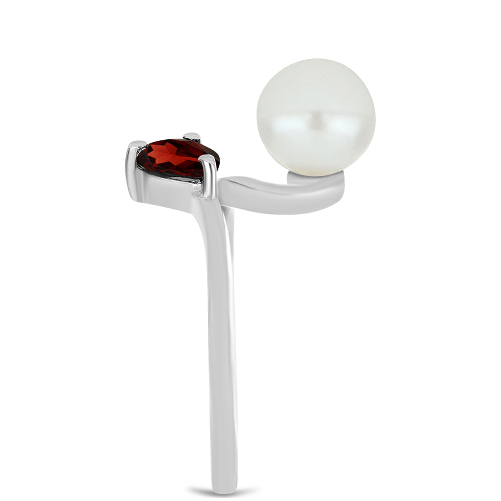 Anel de Prata com Granada de Barton e Pérola de Água Doce Branca 4 