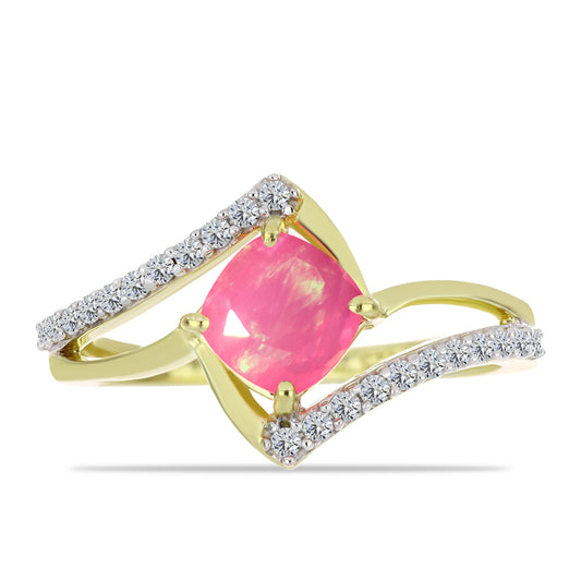 Anel de Prata com Banho de Ouro com Opala Rosa de Lega Dembi da Etiópia e Topázio Branco