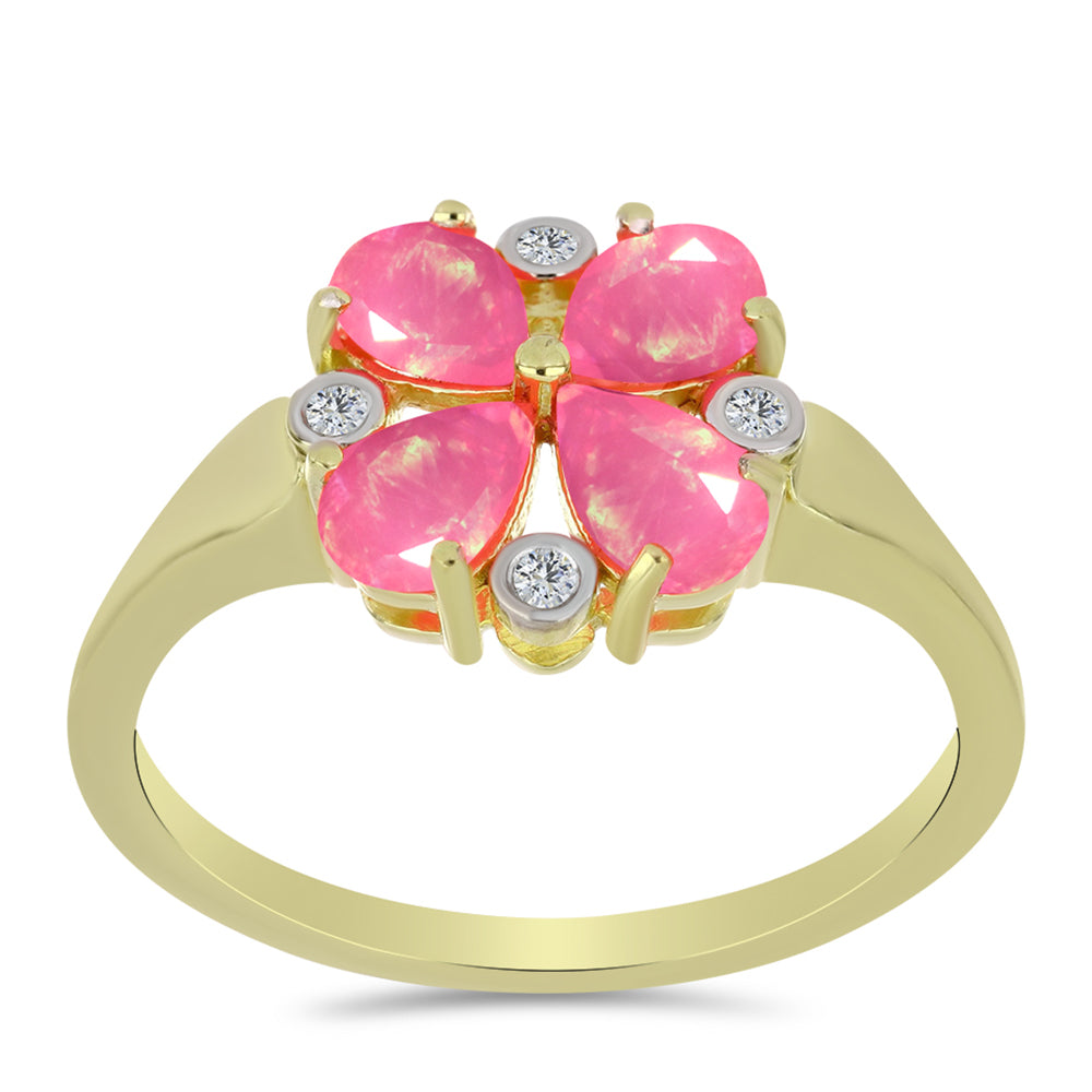 Anel de Prata com Banho de Ouro com Opala Rosa de Lega Dembi da Etiópia e Topázio Branco