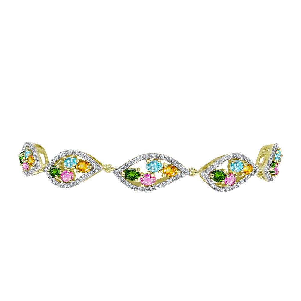 Pulseira de Prata com Banho de Ouro com Turmalina Chakra e Topázio Branco  Contraste: Cabeca de Veado (800)