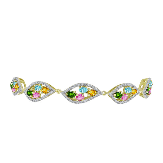 Pulseira de Prata com Banho de Ouro com Turmalina Chakra e Topázio Branco  Contraste: Cabeca de Veado (800)