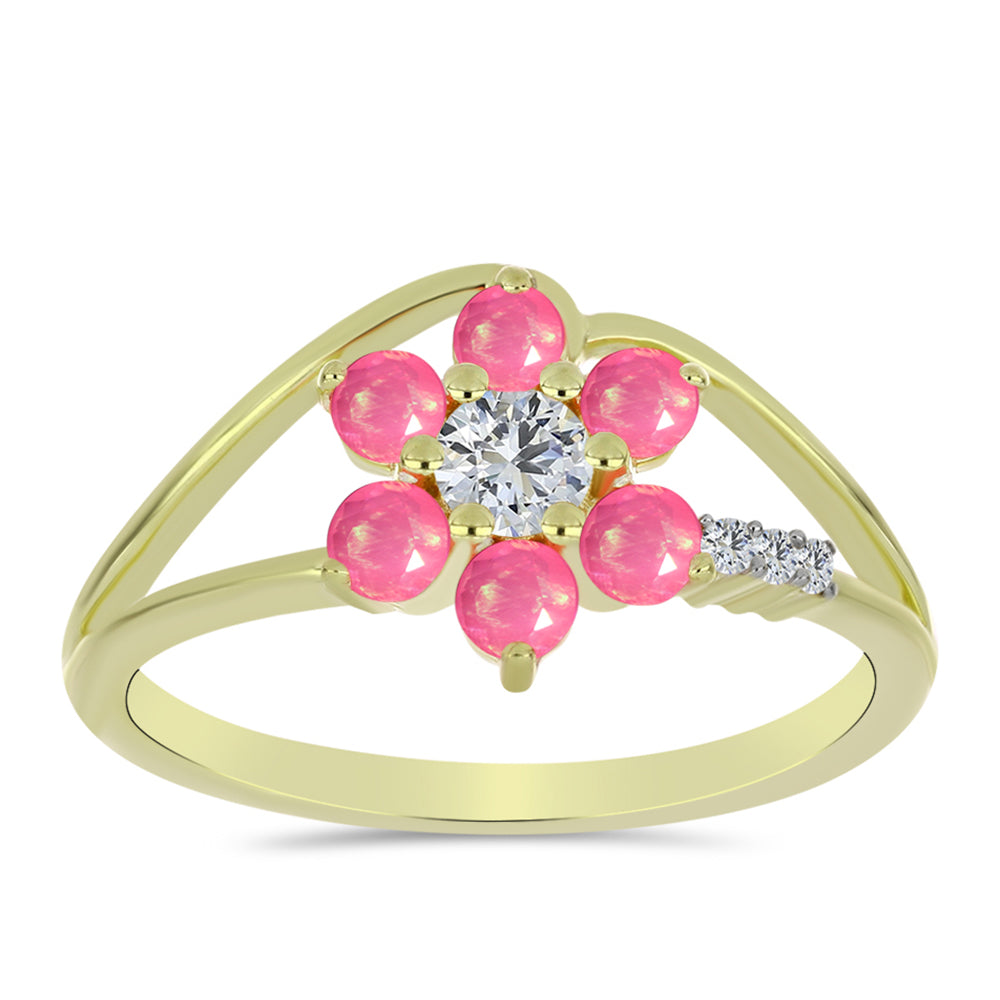 Anel de Prata com Banho de Ouro com Opala Rosa de Lega Dembi da Etiópia e Topázio Branco