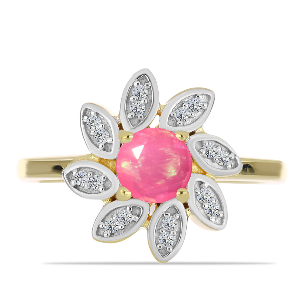 Anel de Prata com Banho de Ouro com Opala Rosa de Lega Dembi da Etiópia e Topázio Branco  Contraste: Cabeca de Veado (800) 1 