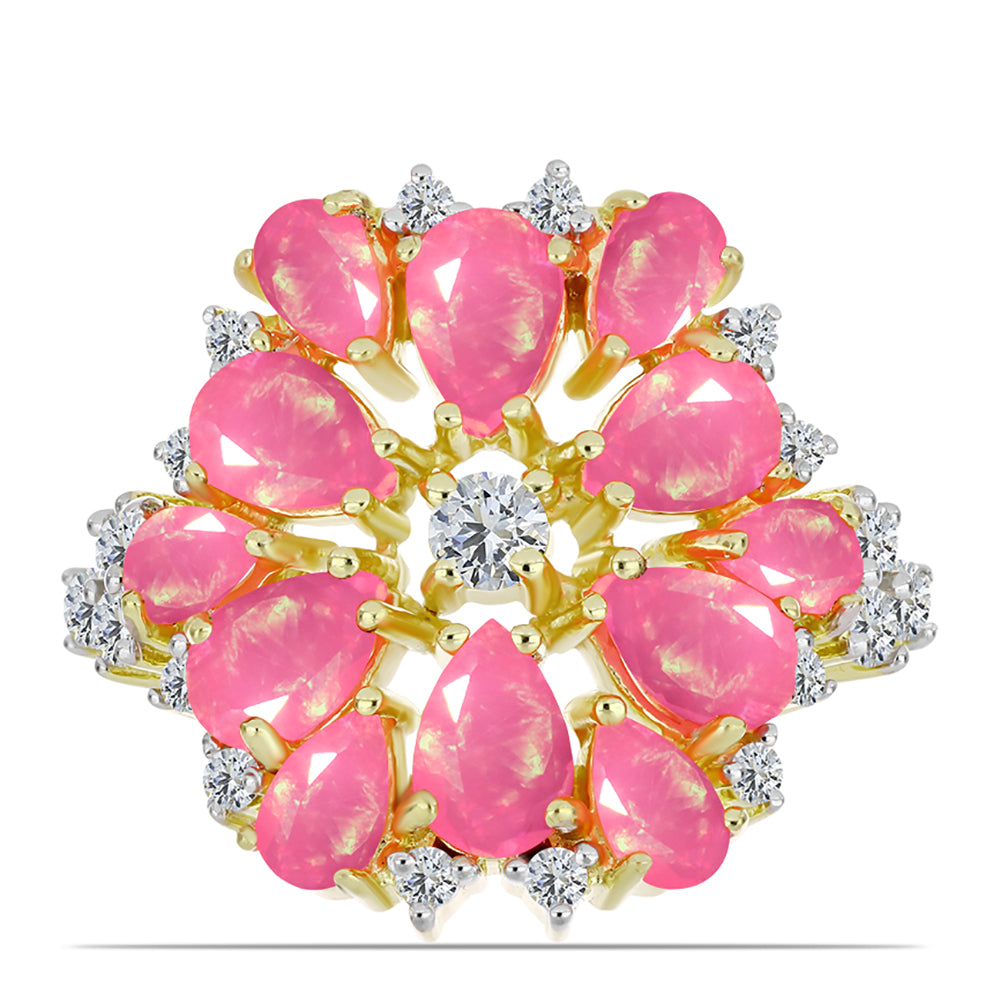 Anel de Prata com Banho de Ouro com Opala Rosa de Lega Dembi da Etiópia e Topázio Branco  Contraste: Cabeca de Veado (800) 1 