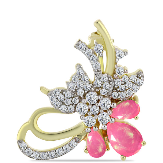 Alfinete de Prata com Banho de Ouro com Opala Rosa de Lega Dembi da Etiópia e Topázio Branco  Contraste: Cabeca de Veado (800)