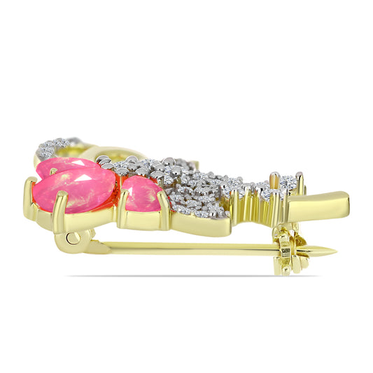 Alfinete de Prata com Banho de Ouro com Opala Rosa de Lega Dembi da Etiópia e Topázio Branco  Contraste: Cabeca de Veado (800)
