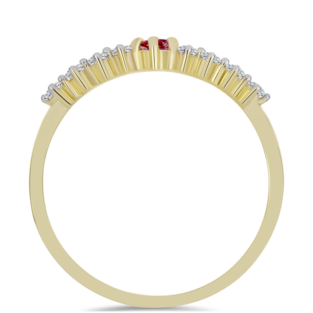 Anel de Prata com Banho de Ouro com Moissanite Vermelho Majestoso e Topázio Branco