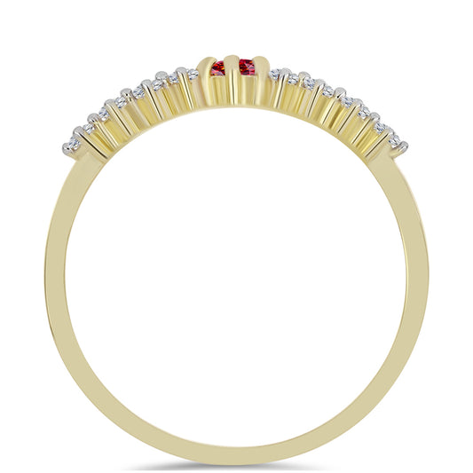 Anel de Prata com Banho de Ouro com Moissanite Vermelho Majestoso e Topázio Branco