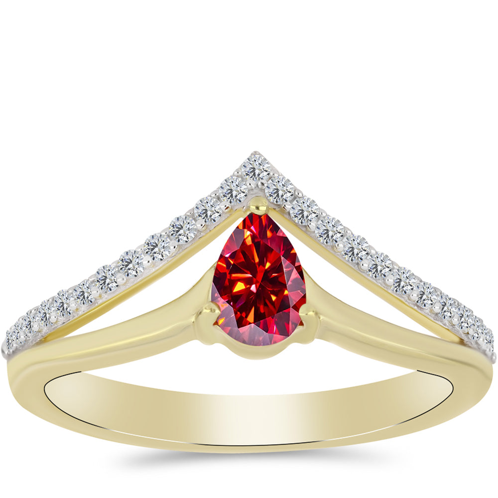 Anel de Prata com Banho de Ouro com Moissanite Vermelho Majestoso e Topázio Branco 3 