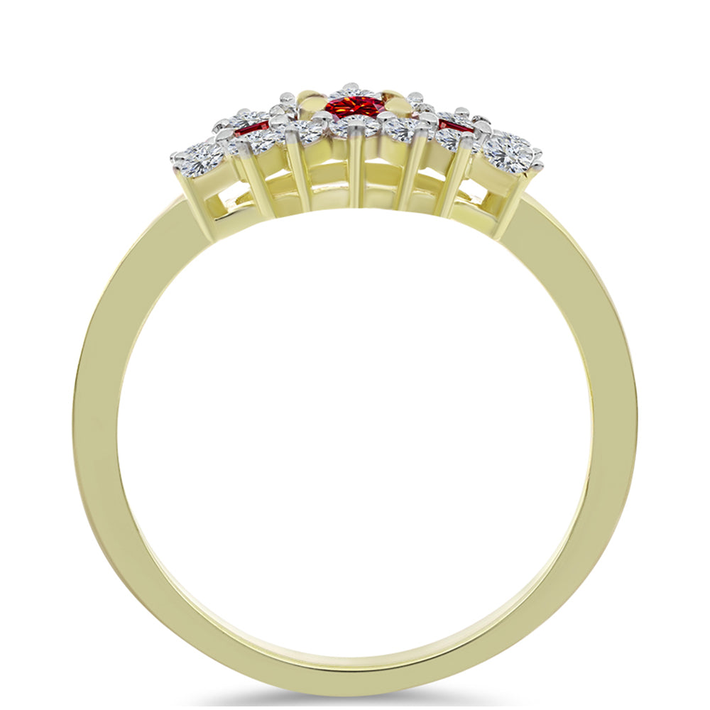 Anel de Prata com Banho de Ouro com Moissanite Vermelho Majestoso e Topázio Branco