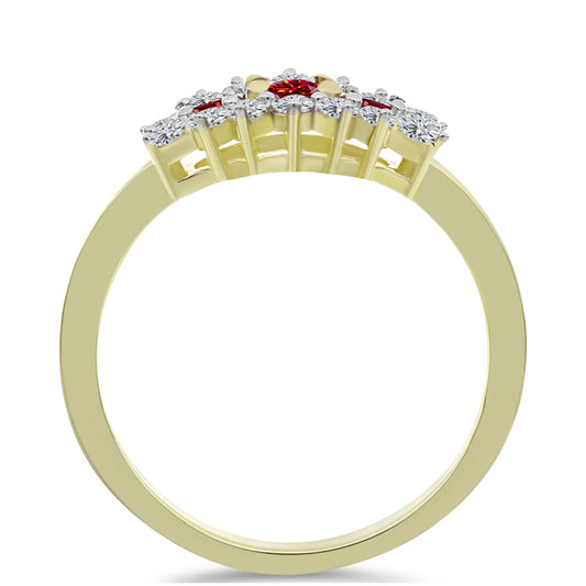 Anel de Prata com Banho de Ouro com Moissanite Vermelho Majestoso e Topázio Branco