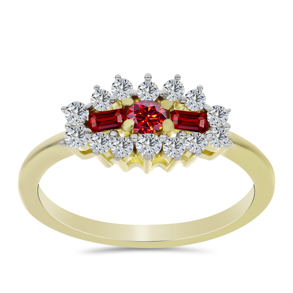 Anel de Prata com Banho de Ouro com Moissanite Vermelho Majestoso e Topázio Branco 3 