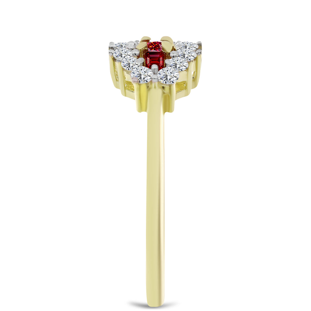 Anel de Prata com Banho de Ouro com Moissanite Vermelho Majestoso e Topázio Branco 4 