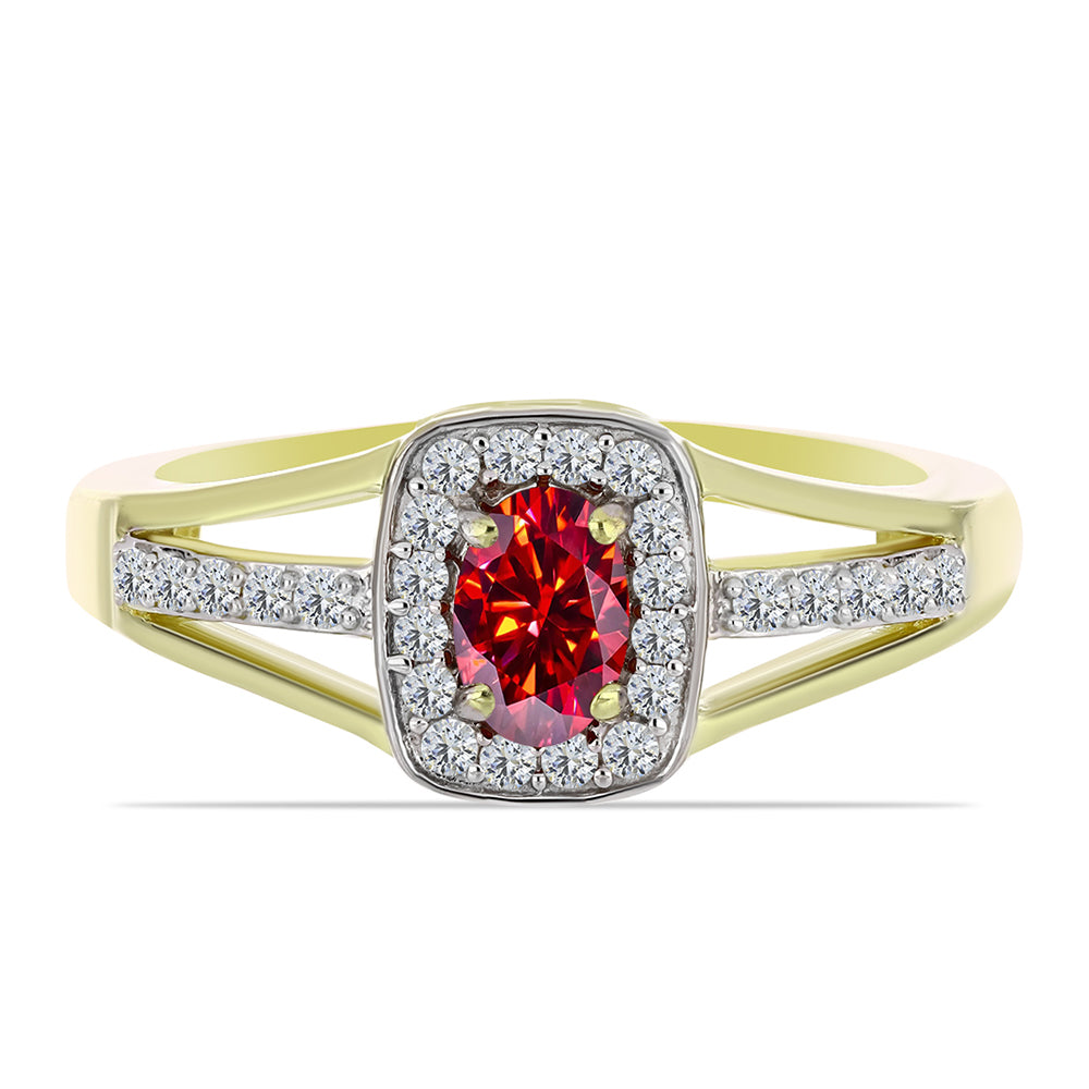 Anel de Prata com Banho de Ouro com Moissanite Vermelho Majestoso e Topázio Branco  Contraste: Cabeca de Veado (800)