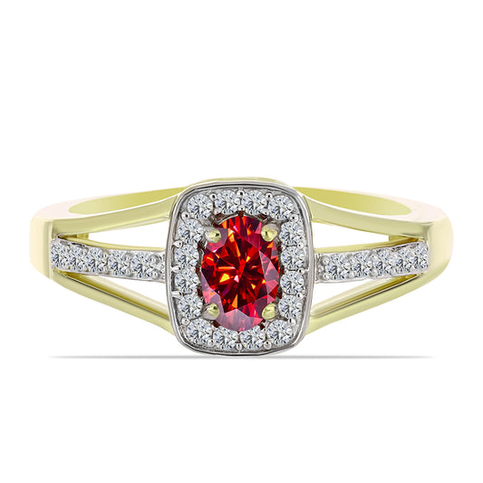 Anel de Prata com Banho de Ouro com Moissanite Vermelho Majestoso e Topázio Branco  Contraste: Cabeca de Veado (800)