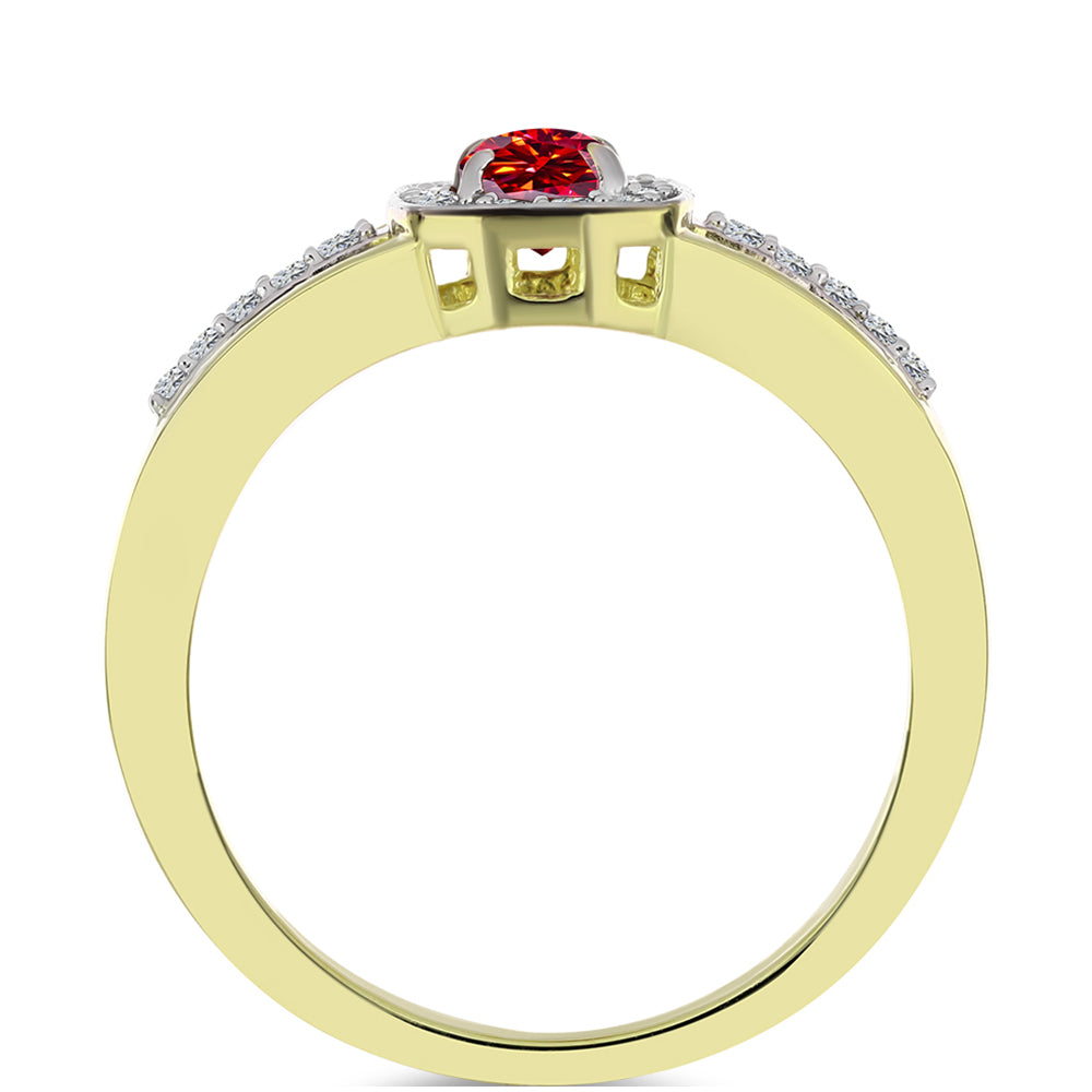 Anel de Prata com Banho de Ouro com Moissanite Vermelho Majestoso e Topázio Branco  Contraste: Cabeca de Veado (800)