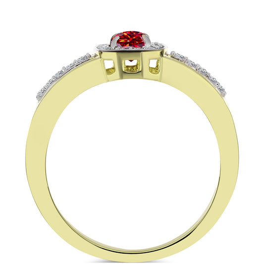 Anel de Prata com Banho de Ouro com Moissanite Vermelho Majestoso e Topázio Branco  Contraste: Cabeca de Veado (800)