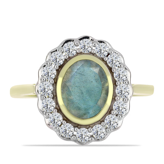 Anel de Prata com Banho de Ouro com Labradorite e Topázio Branco  Contraste: Cabeca de Veado (800)