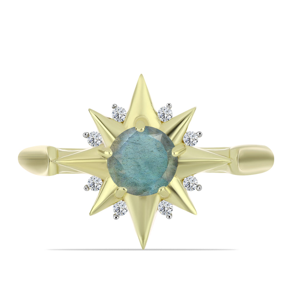 Anel de Prata com Banho de Ouro com Labradorite e Topázio Branco  Contraste: Cabeca de Veado (800)