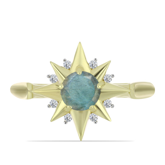 Anel de Prata com Banho de Ouro com Labradorite e Topázio Branco  Contraste: Cabeca de Veado (800)