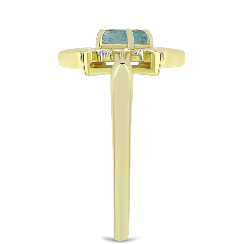 Anel de Prata com Banho de Ouro com Labradorite e Topázio Branco  Contraste: Cabeca de Veado (800)