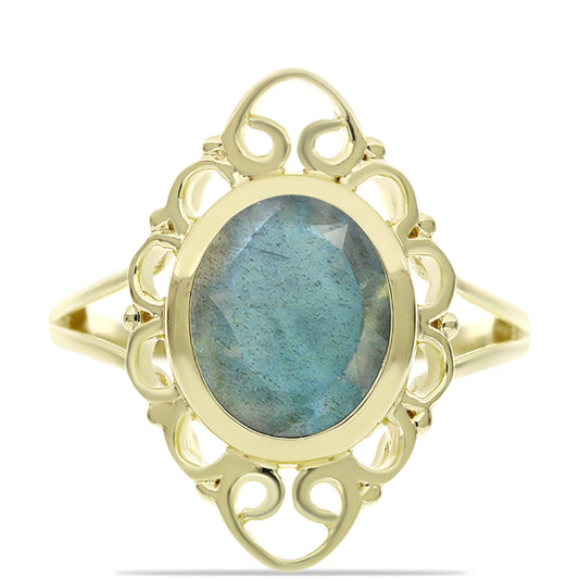 Anel de Prata com Banho de Ouro com Labradorite  Contraste: Cabeca de Veado (800)