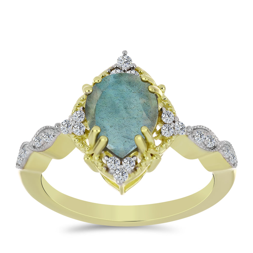 Anel de Prata com Banho de Ouro com Labradorite e Topázio Branco 3 