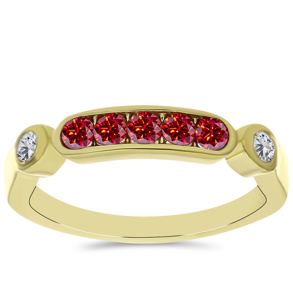Anel de Prata com Banho de Ouro com Moissanite Vermelho Majestoso e Topázio Branco 3 
