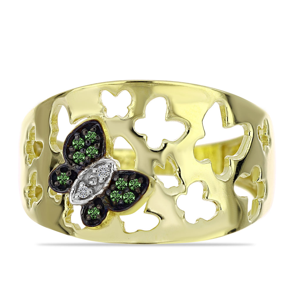 Anel de Prata com Banho de Ouro com Diamante Verde e Diamante Branco  Contraste: Cabeca de Veado (800)