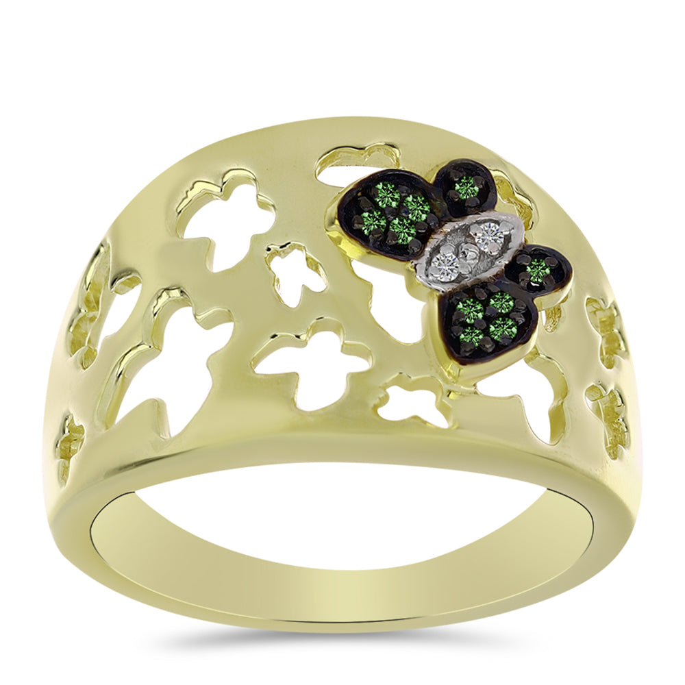 Anel de Prata com Banho de Ouro com Diamante Verde e Diamante Branco  Contraste: Cabeca de Veado (800)