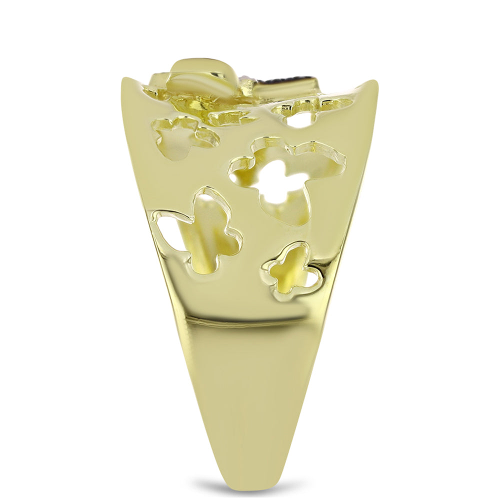 Anel de Prata com Banho de Ouro com Diamante Verde e Diamante Branco  Contraste: Cabeca de Veado (800)