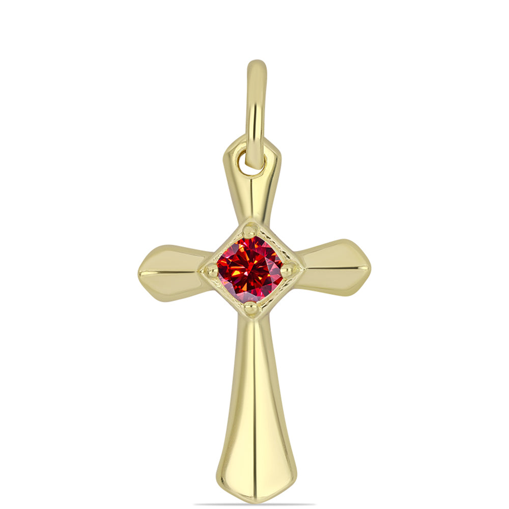 Cruz Pendente de Prata com Banho de Ouro com Moissanite Vermelho Majestoso