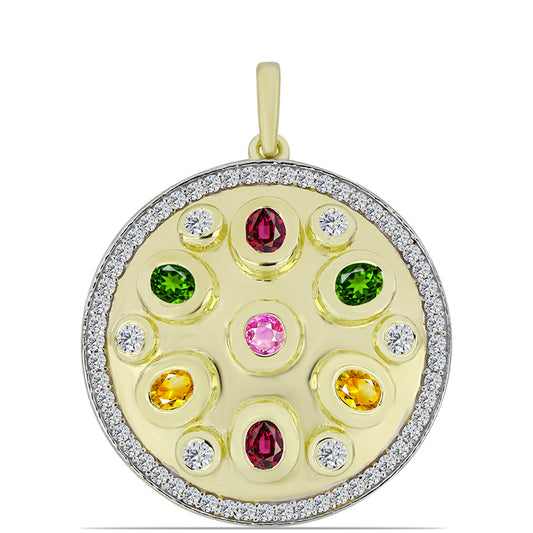 Pendente de Prata com Banho de Ouro com Turmalina Chakra e Topázio Branco  Contraste: Cabeca de Veado (800)