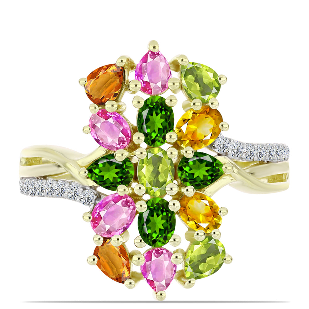 Anel de Prata com Banho de Ouro com Turmalina Chakra e Topázio Branco  Contraste: Cabeca de Veado (800)