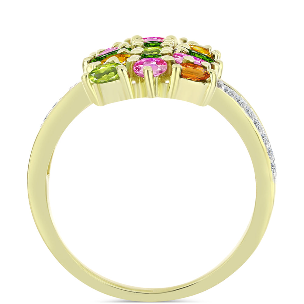 Anel de Prata com Banho de Ouro com Turmalina Chakra e Topázio Branco  Contraste: Cabeca de Veado (800)