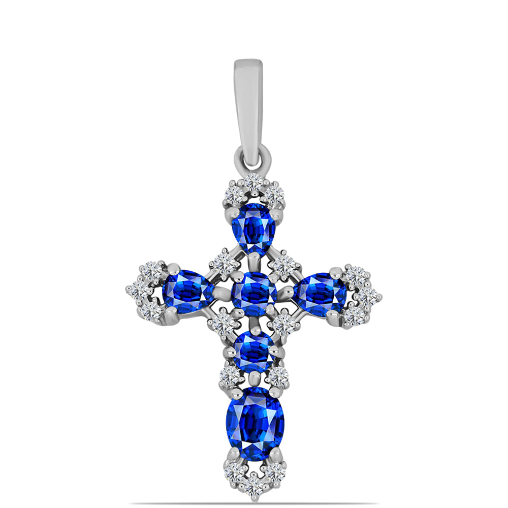 Cruz Pendente de Prata com Safira Azul Australiana e Topázio Branco