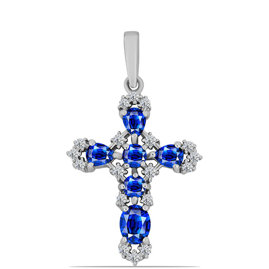 Cruz Pendente de Prata com Safira Azul Australiana e Topázio Branco